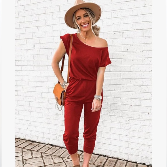 🎉host pick 🎉 red off the shoulder short sleeve one piece romper jumpsuit XL - Picture 1 of 5